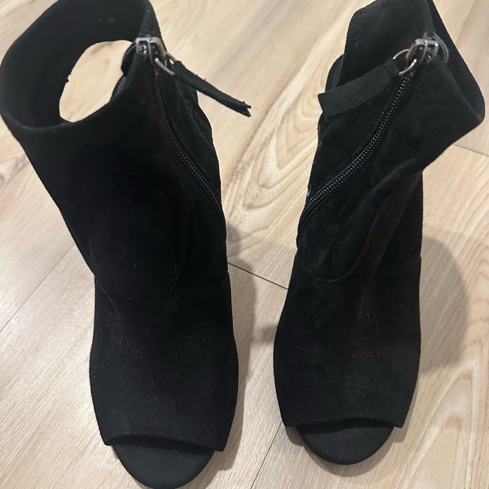 Black suede booties with ankle strap